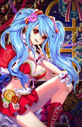Rule 34 | 1girl, absurdres, blue hair, boots, breasts, christmas, christmas tree, cleavage, gift, highres, large breasts, long hair, luthica preventer, panties, pantyshot, red eyes, sinbe, skirt, solo, stuffed animal, stuffed cat, stuffed toy, sword girls, twintails, underwear, upskirt, white panties, window, wreath