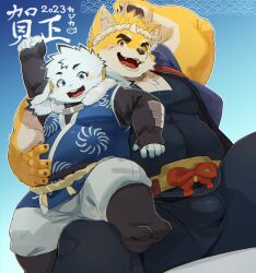Rule 34 | 2boys, animal ears, artist name, bara, blush, bulge, commentary request, dated, dog boy, dog ears, fat, fat man, furry, furry male, furry with furry, hachimaki, hands on another&#039;s stomach, happi, headband, highres, inaba (tamacolle), japanese clothes, kajika (ka ji ka), looking at viewer, male focus, multiple boys, musashi (tamacolle), nejiri hachimaki, pawpads, rabbit boy, rabbit ears, signature, sitting, sitting on lap, sitting on person, tabi, tamacolle, translation request