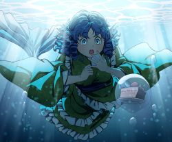Rule 34 | 1girl, air bubble, birthday, blue eyes, blue hair, blue sash, bubble, cake, cake slice, commentary, drill hair, drill sidelocks, english commentary, fins, floating, food, frilled kimono, frills, fruit, full body, green kimono, hands up, head fins, highres, japanese clothes, kimono, layered sleeves, light rays, long sleeves, mefomefo, mermaid, monster girl, obi, open mouth, plate, raised eyebrows, sash, sidelocks, solo, sparkling eyes, strawberry, strawberry shortcake, sunlight, surprised, teeth, touhou, underwater, upper teeth only, wakasagihime, wide-eyed, wide sleeves