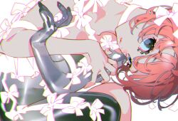 Rule 34 | 1girl, choker, chromatic aberration, colored skin, crossed arms, curled up, film grain, frills, hair ribbon, hand on own arm, highres, looking at viewer, multicolored skin, original, parted lips, red hair, revealing clothes, ribbon, see-through body, shiny skin, short hair, solo, strap, thick eyelashes, transparent hand, two-tone skin, upper body, white background, white ribbon, yoneyama mai