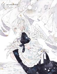 Rule 34 | 1girl, 2021, angel wings, apron, artist logo, artist name, black dress, blue eyes, bouquet, closed mouth, curtains, dated, dress, english text, feathered wings, flower, frills, hair over one eye, highres, holding, holding flower, looking at viewer, maid, maid apron, moon phases, original, painting (medium), petals, puffy short sleeves, puffy sleeves, short hair, short sleeves, solo, squatting, traditional media, umi cryblue, watercolor (medium), white apron, white background, white flower, white hair, white wings, wings
