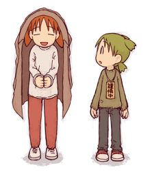 Rule 34 | 2girls, azumanga daiou, child, coat, coat on head, coat over head, creator connection, crossover, cuffs, emoncake., full body, green hair, handcuffs, koiwai yotsuba, looking at another, lowres, mihama chiyo, multiple girls, orange hair, pants, quad tails, shoes, short twintails, sneakers, standing, sweater, twintails, yotsubato!