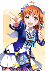 Rule 34 | 1girl, :d, ahoge, blush, bow, bowtie, braid, brooch, copyright name, earrings, foreshortening, hair bow, hat, hat bow, highres, index finger raised, jewelry, long sleeves, love live!, love live! sunshine!!, mirai no bokura wa shitteru yo, open mouth, orange hair, overskirt, pointing, red eyes, sailor collar, sailor hat, shiimai, side braid, skirt, smile, solo, striped bow, striped bowtie, striped clothes, striped neckwear, takami chika, white bow