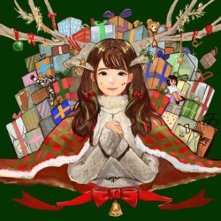 Rule 34 | 1girl, antlers, bell, bow, brown hair, cropped torso, gift, grey sweater, hair bow, horns, long hair, long sleeves, looking at viewer, mecha, merry christmas, original, own hands together, red bow, red ribbon, ribbon, robot, ron3emon, sleeves past wrists, smile, solo, star (symbol), stuffed animal, stuffed toy, sweater, teddy bear