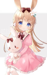 Rule 34 | 1girl, animal ears, blue eyes, blush, bow, brown hair, child, commission, dress, flower, hair bow, hair flower, hair ornament, highres, long hair, long sleeves, looking at viewer, original, pink dress, pink sleeves, rabbit ears, ribbon, sitting, skeb commission, smile, solo, stuffed animal, stuffed toy, thighhighs, toufu mentaru zabuton, white thighhighs