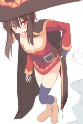 Rule 34 | 10s, 1girl, bandages, belt, blush, boots, breasts, brown hair, cape, cleavage, downblouse, dress, fingerless gloves, gloves, hat, highres, kono subarashii sekai ni shukufuku wo!, leaning forward, megumin, open mouth, red eyes, shirousa, single thighhigh, small breasts, solo, standing, tears, thighhighs, water, wet, witch hat