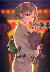 Rule 34 | 1girl, blurry, blurry background, blush, brown eyes, brown hair, candy, commentary request, depth of field, earrings, floral print, food, from side, green ribbon, hair ribbon, head tilt, highres, holding, holding food, japanese clothes, jewelry, kimono, lantern, licking, lollipop, looking at viewer, mizuiro 32, night, nijisanji, outdoors, paper lantern, parted lips, ribbon, sister claire, stuffed animal, stuffed toy, summer festival, teddy bear, tongue, tongue out, virtual youtuber, yukata
