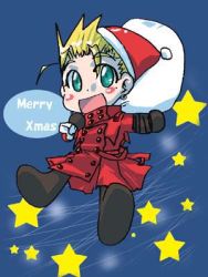 Rule 34 | 1boy, aqua eyes, blonde hair, blush stickers, carrying, chibi, christmas, coat, earrings, english text, hat, high collar, jewelry, long hair, lowres, male focus, mole, open mouth, red coat, sack, santa hat, short hair, smile, solo, spiked hair, star (symbol), text focus, trigun, vash the stampede
