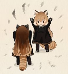 Rule 34 | 2girls, :&lt;, animal ears, animal hands, arms up, black dress, brown hair, chibi, commentary request, dress, highres, imitating, long hair, multiple girls, original, overalls, red panda, red panda ears, red panda girl, red panda tail, sakutake (ue3sayu), shoes, short eyebrows, simple background, solid eyes, thick eyebrows, thighhighs