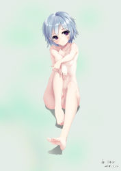 Rule 34 | 1girl, 54cr, absurdres, barefoot, blue hair, breasts, cleavage, feet, gradient background, highres, legs, nude, original, purple eyes, shadow, short hair, sitting, small breasts, smile, soles, solo, toe-point, toe scrunch, toes