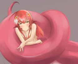 Rule 34 | 1girl, absurdres, artist request, bare shoulders, blush, breasts, cleavage, collarbone, fang, hair between eyes, hair ornament, hairpin, highres, lamia, large breasts, long hair, looking at viewer, miia (monster musume), monster girl, monster musume no iru nichijou, nude, pointy ears, red hair, scales, smile, snake tail, tail, yellow eyes