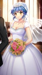 Rule 34 | 1boy, 1girl, black jacket, blue hair, blush, bouquet, breasts, bridal veil, church, cleavage, closed mouth, collarbone, doukyuusei 2, doukyuusei another world, dress, flower, game cg, gloves, hair between eyes, holding, holding bouquet, indoors, jacket, jewelry, long dress, medium breasts, necklace, official art, pink flower, pink rose, rose, short hair, sleeveless, sleeveless dress, smile, solo focus, veil, wedding, wedding dress, white dress, white gloves, yasuda azumi, yellow eyes, yellow flower