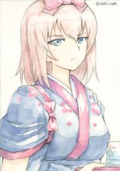 Rule 34 | 1girl, black kimono, blue eyes, bow, closed mouth, commentary, cup, dress, frown, girls und panzer, grey hair, hair bow, highres, holding, holding tray, itsumi erika, japanese clothes, kimono, looking at viewer, medium hair, omachi (slabco), pink bow, short dress, solo, tasuki, tray, twitter username, upper body, yunomi