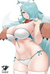 Rule 34 | 1girl, absurdres, animal ear fluff, animal ears, artist name, bell, blue eyes, blue hair, breasts, cleavage, curvy, eyelashes, front-tie top, hair over one eye, highres, hinari (kaos art), huge breasts, kaos art, looking at viewer, navel, neck bell, original, patreon username, side-tie bottom, smile, solo, stomach, strapless, tail, thick thighs, thighhighs, thighs, tube top, white thighhighs, wide hips