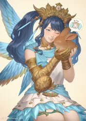 Rule 34 | 1girl, animal, artist name, asymmetrical wings, blue eyes, blue hair, blue sash, blue wings, brown rabbit, collar, commentary, cosplay, dress, english commentary, feathered wings, final fantasy, final fantasy xiv, gauntlets, gradient wings, grin, highres, holding, holding animal, jewelry, long hair, looking at animal, menphina, menphina (cosplay), metal collar, multicolored wings, one eye closed, rabbit, sash, simple background, single gauntlet, single vambrace, sleeveless, sleeveless dress, smile, solo, speech bubble, spoken character, tiara, twintails, vambraces, warrior of light (ff14), wavy hair, white dress, wings, winterleigh, wynteria lei