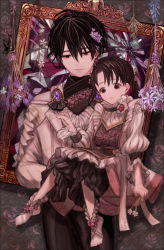 Rule 34 | 1boy, 1girl, absurdres, black eyes, black hair, black pants, brooch, bug, butterfly, carrying, dress, flower, highres, holding, holding flower, indoors, bug, jewelry, nemuritaa, original, painting (object), pants, picture frame, short hair, short twintails, toeless legwear, twintails
