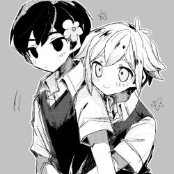 Rule 34 | 2boys, antenna hair, arms at sides, basil (faraway) (omori), basil (omori), blush, closed mouth, collared shirt, expressionless, fjsk, flower, grey background, greyscale, hair between eyes, hair flower, hair ornament, hug, hug from behind, looking ahead, looking at another, monochrome, multiple boys, no pupils, omori, outline, shirt, short hair, short sleeves, smile, sunny (omori), sweatdrop, sweater vest