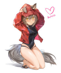 Rule 34 | 1girl, absurdres, animal ears, arknights, artist name, breasts, brown hair, cosplay, full body, heart, highres, hood, hooded jacket, jacket, kneeling, kuhnowushi, looking at viewer, medium breasts, official alternate costume, open clothes, open jacket, original, projekt red (arknights), projekt red (arknights) (cosplay), projekt red (light breeze) (arknights), red hood, red jacket, short hair, simple background, solo, tail, thick thighs, thighs, white background, yellow eyes