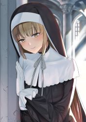Rule 34 | 1girl, against wall, capelet, church, day, gloves, habit, highres, indoors, light brown hair, light rays, long hair, looking at viewer, momosuke (ishakry), nijisanji, nun, sister claire, sister claire (1st costume), smile, solo, traditional nun, very long hair, virtual youtuber, white capelet, white gloves, yellow eyes