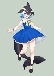 Rule 34 | 1girl, ankle strap, bare shoulders, black footwear, black hair, blonde hair, blowhole, blue dress, blue eyes, blue hair, blush, bow, bowtie, cetacean tail, collarbone, common dolphin (kemono friends), dolphin girl, dorsal fin, dress, fins, fish tail, frilled dress, frills, full body, hair between eyes, head fins, highres, kemono friends, looking at viewer, multicolored hair, open mouth, penny loafers, pleated dress, sailor collar, sailor dress, short hair, sidelocks, sleeveless, smile, solo, tail, white hair, whoosaku, yellow bow, yellow bowtie