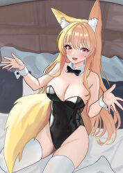 Rule 34 | 1girl, absurdres, animal ears, black bow, black bowtie, black leotard, blonde hair, bow, bowtie, breasts, cleavage, detached collar, fox ears, fox girl, fox tail, highleg, highleg leotard, highres, large breasts, leotard, long hair, nontraditional playboy bunny, open mouth, original, red eyes, shiny clothes, sitting, smile, solo, strap slip, tail, thighhighs, uma (uma mohumohu), wariza, white thighhighs, wrist cuffs