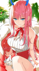 Rule 34 | 1girl, antlers, arm support, bare shoulders, blue eyes, breasts, christmas, christmas tree, corset, highres, horns, knee up, large breasts, long hair, looking at viewer, miniskirt, neck ribbon, original, pink hair, ribbed shirt, ribbon, shirt, sitting, skirt, sleeveless, sleeveless shirt, smile, smirk, solo, tameiki, very long hair, white shirt, white skirt