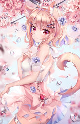 Rule 34 | 1girl, animal ears, artist name, bare shoulders, blush, cat ears, cherry blossoms, fox ears, fox girl, fox tail, hair ornament, hairclip, highres, light brown hair, looking at viewer, looking to the side, medium hair, original, pink skirt, red eyes, shirt, skirt, sleeveless, sleeveless shirt, solo, squchan, tail, thigh strap, virtual youtuber, water drop, white shirt