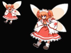 Rule 34 | &gt;:), 1girl, ascot, bad id, bad twitter id, black background, black footwear, blue eyes, bow, closed mouth, commentary request, fairy wings, full body, hair bow, hands on own hips, long sleeves, mary janes, namako daibakuhatsu, orange hair, pixel art, red bow, shoes, simple background, smile, socks, sunny milk, touhou, twintails, two side up, v-shaped eyebrows, white legwear, wide sleeves, wings