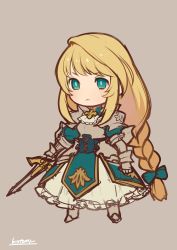 Rule 34 | 1girl, armor, armored dress, blue bow, blue dress, boots, bow, braid, breastplate, bright pupils, chibi, closed mouth, dress, gauntlets, green eyes, grey background, hair bow, highres, holding, holding sword, holding weapon, kotatsu (g-rough), long hair, looking at viewer, low-braided long hair, low-tied long hair, original, pauldrons, princess freia (kotatsu (g-rough)), shoulder armor, signature, simple background, single braid, sketch, solo, standing, sword, very long hair, weapon