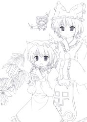 Rule 34 | 3girls, animal ears, animal hat, bamboo, cat ears, cat girl, chen, covering face, covering own mouth, covering privates, earrings, female focus, folding fan, gap (touhou), greyscale, hand fan, hands in opposite sleeves, hat, highres, jewelry, long sleeves, lzh, mob cap, monochrome, multiple girls, short hair, tabard, tanabata, touhou, white background, wide sleeves, yakumo ran, yakumo yukari