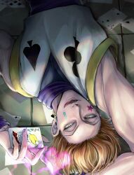 Rule 34 | 1boy, ace (playing card), ace of clubs, ace of spades, arm up, brown hair, card, club (shape), earrings, facial mark, heart, highres, hisoka morow, holding, holding card, hunter x hunter, jewelry, joker (playing card), kamimusha (catrabit), licking lips, looking at viewer, lying, male focus, on back, playing card, sleeveless, solo, spade (shape), star (symbol), star tattoo, tattoo, teardrop tattoo, tongue, tongue out, yellow eyes
