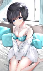 Rule 34 | 1girl, barefoot, bed sheet, black hair, blue bra, blue eyes, blush, bow, bow bra, bra, breasts, cleavage, closed mouth, collarbone, collared shirt, commentary request, curtains, day, frilled bra, frills, highres, indoors, long sleeves, looking at viewer, medium breasts, mole, mole on breast, neku (neku draw), off shoulder, open clothes, open shirt, original, pillow, plaid, plaid bra, shirt, short hair, sitting, sleeves past fingers, sleeves past wrists, soles, solo, sunlight, underwear, wariza, white shirt, window