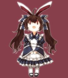 Rule 34 | 1girl, ahoge, alternate hairstyle, animal ears, apron, brown hair, rabbit ears, chibi, female focus, frills, long hair, long sleeves, open mouth, puffy sleeves, red eyes, shiren, shiren (monochrome structure), solo, standing, star sapphire, touhou, twintails, v arms, wide sleeves, | |