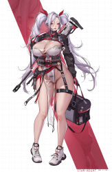 Rule 34 | 1girl, absurdres, ammunition pouch, artist name, assault rifle, bag, belt, belt pouch, black bag, black jacket, breasts, buckle, character name, charm (object), chinese commentary, cleavage, clothes writing, commentary, covered navel, earpiece, elbow pads, eyeshadow, fingerless gloves, first aid kit, full body, garter straps, gloves, gluteal fold, goddess of victory: nikke, grey hair, gun, hair between eyes, hair ribbon, hand up, highres, holding, holding bag, hui z jie, jacket, large breasts, leotard, long hair, long sleeves, looking at viewer, magazine (weapon), makeup, original, parted lips, pelvic curtain, pink eyes, pouch, red belt, red gloves, red ribbon, ribbon, rifle, see-through, see-through cleavage, shoes, shrug (clothing), sidelocks, skindentation, snap-fit buckle, solo, standing, strapless, strapless leotard, tachi-e, thigh strap, twintails, two-tone gloves, walkie-talkie, weapon, weapon on back, white background, white footwear, white gloves, white leotard, zipper, zipper pull tab, zoom layer