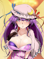 Rule 34 | 1girl, black gloves, blush, bra, breasts, capelet, chandelier, cleavage, closed mouth, collarbone, crescent, crescent hat ornament, dress, frills, full-face blush, gloves, hair between eyes, hallway, hand on own chest, hat, hat ornament, highres, hyudora, indoors, large breasts, leaning forward, lips, looking at viewer, mob cap, patchouli knowledge, pink capelet, pink dress, pink hat, purple eyes, purple hair, sanpaku, solo, sweat, touhou, underwear, upper body, wide-eyed, wing collar