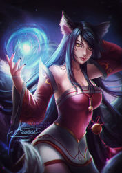 Rule 34 | 1girl, ahri (league of legends), animal ears, arm behind head, artist name, axsen, bare shoulders, bell, black hair, black nails, blurry, breasts, cleavage, depth of field, detached sleeves, energy ball, facial mark, fox ears, fox tail, jingle bell, large breasts, league of legends, nail polish, red lips, signature, slit pupils, smile, solo, tail, watermark, web address, whisker markings, yellow eyes