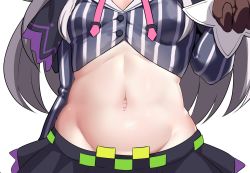 Rule 34 | 1girl, ayagi daifuku, black skirt, breasts, brown gloves, facing viewer, gloves, grey hair, groin, highres, hololive, long hair, long sleeves, midriff, murasaki shion, murasaki shion (1st costume), navel, navel focus, out of frame, outie navel, simple background, skirt, solo, striped, virtual youtuber, white background