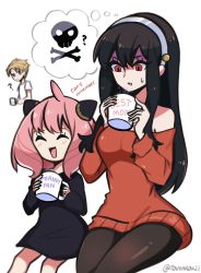 Rule 34 | 1boy, 2girls, ?, ^ ^, ahoge, anya (spy x family), black dress, black hair, black pantyhose, blonde hair, blue eyes, blush, breasts, child, closed eyes, cup, dress, english text, family, hair down, hairband, highres, holding, holding cup, horn ornament, horns, long hair, medium hair, mother and daughter, mug, mug writing, multiple girls, nervous, off-shoulder sweater, off shoulder, open mouth, pantyhose, pink hair, poison, red sweater, short hair, side-by-side, simple background, sitting, skull, skull and crossbones, smile, spy x family, steam, straight hair, sweatdrop, sweater, thought bubble, touyarokii, twilight (spy x family), twitter username, white background, white hairband, yor briar