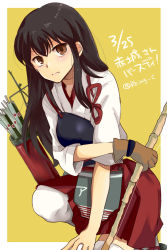 Rule 34 | 10s, 1girl, akagi (kancolle), archery, arrow (projectile), bad id, bad pixiv id, blush, bow (weapon), brown eyes, brown hair, gloves, hakama, hakama skirt, japanese clothes, kantai collection, kyuudou, long hair, muneate, partially fingerless gloves, partly fingerless gloves, personification, quiver, r-king, radio antenna, red hakama, single glove, skirt, solo, thighhighs, translation request, weapon, white thighhighs, yugake