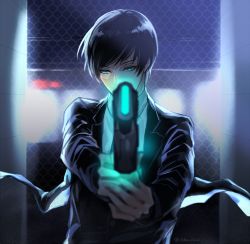 Rule 34 | 1boy, aiming, aiming at viewer, black hair, black jacket, blurry, chain-link fence, chixi, depth of field, dominator (gun), fence, formal, glowing, glowing weapon, green eyes, gun, holding, holding gun, holding weapon, jacket, long sleeves, looking at viewer, male focus, night, outstretched arms, parody, psycho-pass, solo, suit, train, tsuji shinnosuke, upper body, weapon, wind, world trigger