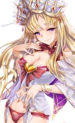 Rule 34 | 1girl, bare shoulders, blonde hair, bow, bracelet, breasts, cleavage, crown, dress, europa (fate), fate/grand order, fate (series), garter straps, jewelry, large breasts, long hair, long sleeves, looking at viewer, nail polish, navel, panties, parted lips, purple eyes, red bow, red nails, red panties, short dress, smile, solo, thighhighs, thighs, torichamaru, underwear, very long hair, white dress, wide sleeves