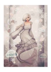 Rule 34 | 1girl, :d, border, breasts, detached sleeves, dress, grey background, grey dress, grey eyes, grey theme, hair over one eye, highres, jellyfish, long hair, long sleeves, looking at viewer, mercury (planet), mermaid, monster girl, open mouth, ponlichard, sleeves past fingers, sleeves past wrists, small breasts, smile, solo, white hair