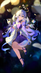 Rule 34 | 1girl, bare shoulders, blue footwear, blue hair, breasts, cocktail glass, cup, detached collar, detached sleeves, dress, drink, drinking glass, falling feathers, feathers, floating, foot up, full body, gloves, green eyes, halo, head wings, high heels, highres, holding, holding drink, honkai: star rail, honkai (series), knees together feet apart, large breasts, long hair, outstretched arm, purple dress, purple sleeves, robin (honkai: star rail), short dress, short sleeves, solo, straight hair, strapless, strapless dress, white gloves, wings, yu e baba