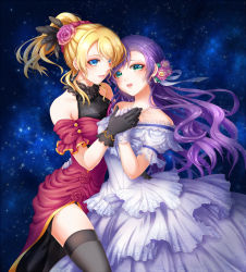 Rule 34 | 10s, 2girls, ayase eli, bare shoulders, beads, black gloves, black legwear, blonde hair, blue background, blue eyes, blush, couple, dress, earrings, feather hair ornament, feathers, flower, formal, fur trim, gloves, green eyes, hair flower, hair ornament, hand on another&#039;s hip, holding hands, jewelry, lace, lace-trimmed dress, lace trim, lipstick, long hair, love live!, love live! school idol festival, love live! school idol project, makeup, multiple girls, necklace, parted lips, pearl necklace, ponytail, purple hair, red dress, red flower, red rose, ribbon, rose, sha (shareddelicious), side slit, skirt, sky, star (sky), starry sky, swept bangs, thighhighs, tojo nozomi, very long hair, white dress, white gloves, white ribbon, yuri