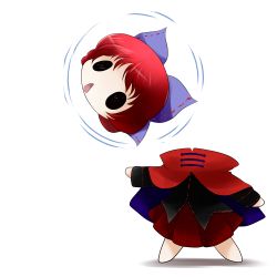 Rule 34 | 1girl, bow, cape, chibi, disembodied head, dullahan, female focus, hair bow, highres, open mouth, pleated skirt, red hair, sekibanki, severed head, skirt, solid circle eyes, solo, touhou, yume shokunin
