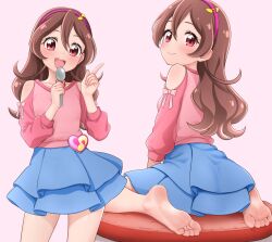 1girl barefoot blue_skirt blush brown_hair closed_mouth clothing_cutout collarbone cowboy_shot dot_nose feet from_behind hairband highres hinosaki holding holding_spoon index_finger_raised kimi_to_idol_precure long_hair looking_at_viewer multiple_views on_cushion open_mouth pink_hairband pink_shirt precure red_eyes sakura_uta_(precure) shirt shoulder_cutout simple_background sitting skirt soles spoon standing teeth toes upper_teeth_only wariza