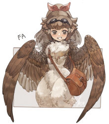 Rule 34 | 1girl, abuku, bag, blush, brown eyes, brown feathers, brown hair, brown wings, commentary request, feathered wings, feathers, goggles, goggles on head, hair ribbon, harpy, long hair, looking at viewer, messenger bag, monster girl, original, pointy ears, ponytail, red ribbon, ribbon, shoulder bag, simple background, smile, solo, teeth, white background, wide hips, winged arms, wings