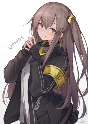 Rule 34 | 1girl, armband, black gloves, black jacket, blush, brown eyes, brown hair, character name, clothes writing, fingerless gloves, fingers together, girls&#039; frontline, gloves, highres, jacket, konome noi, long hair, long sleeves, looking at viewer, one side up, scar, scar across eye, scar on face, simple background, smile, solo, ump45 (girls&#039; frontline), upper body, white background