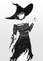 Rule 34 | 1girl, artist name, bandages, choker, costume, female focus, fubuki (one-punch man), greyscale, halloween, halloween costume, hand up, hat, highres, holding, holding wand, medium hair, monochrome, nail polish, one-punch man, parted lips, punchingwater, skirt, smile, solo, torn clothes, torn skirt, wand, witch, witch hat