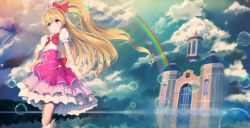 Rule 34 | 1girl, asahina mirai, bad id, bad pixiv id, blonde hair, bow, bracelet, bubble, building, castle, cloud, cure miracle, dress, female focus, gem, gloves, hair bow, hair ornament, jewelry, long hair, magical girl, mahou girls precure!, nosaki viola, ocean, outdoors, pink dress, precure, rainbow, red bow, side ponytail, sky, solo, standing, water, white gloves